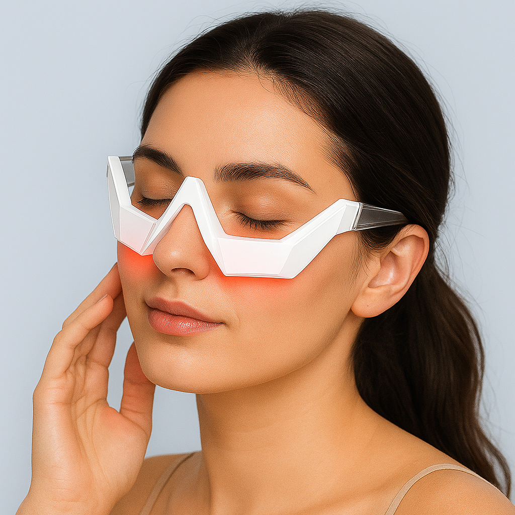 Femme aux yeux fermés portant les lunettes GlowEyes Pro™ anti-cernes