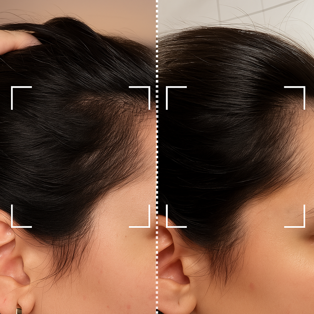 Résultats avant/après visibles sur le visage et le cuir chevelu après utilisation des produits SkinFlow™