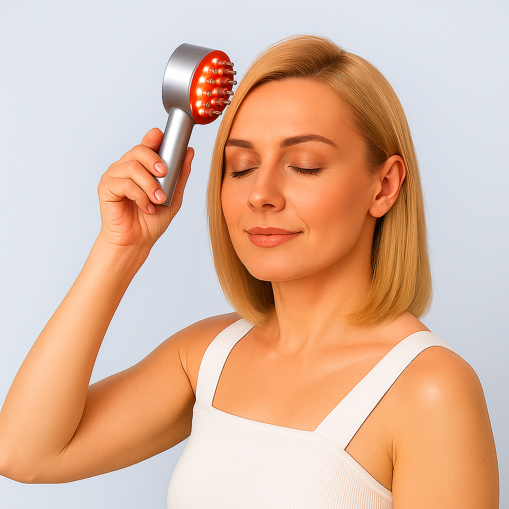 Femme utilisant la brosse Hair Nova Pro™ LED pour stimuler la pousse des cheveux